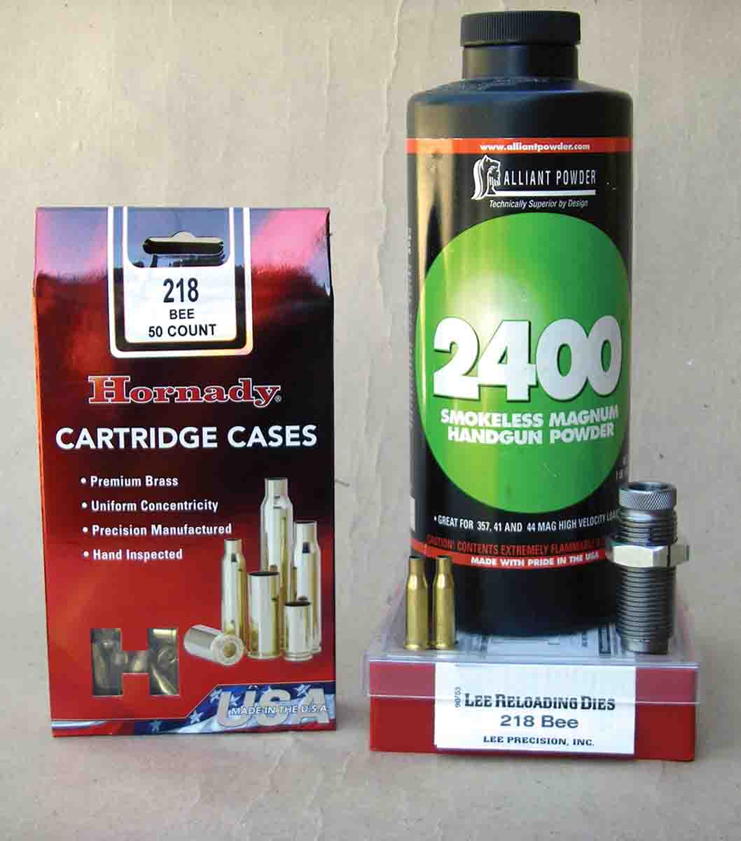Hornady now offers .218 Bee component brass. Alliant 2400 powder will duplicate factory load performance and accuracy.